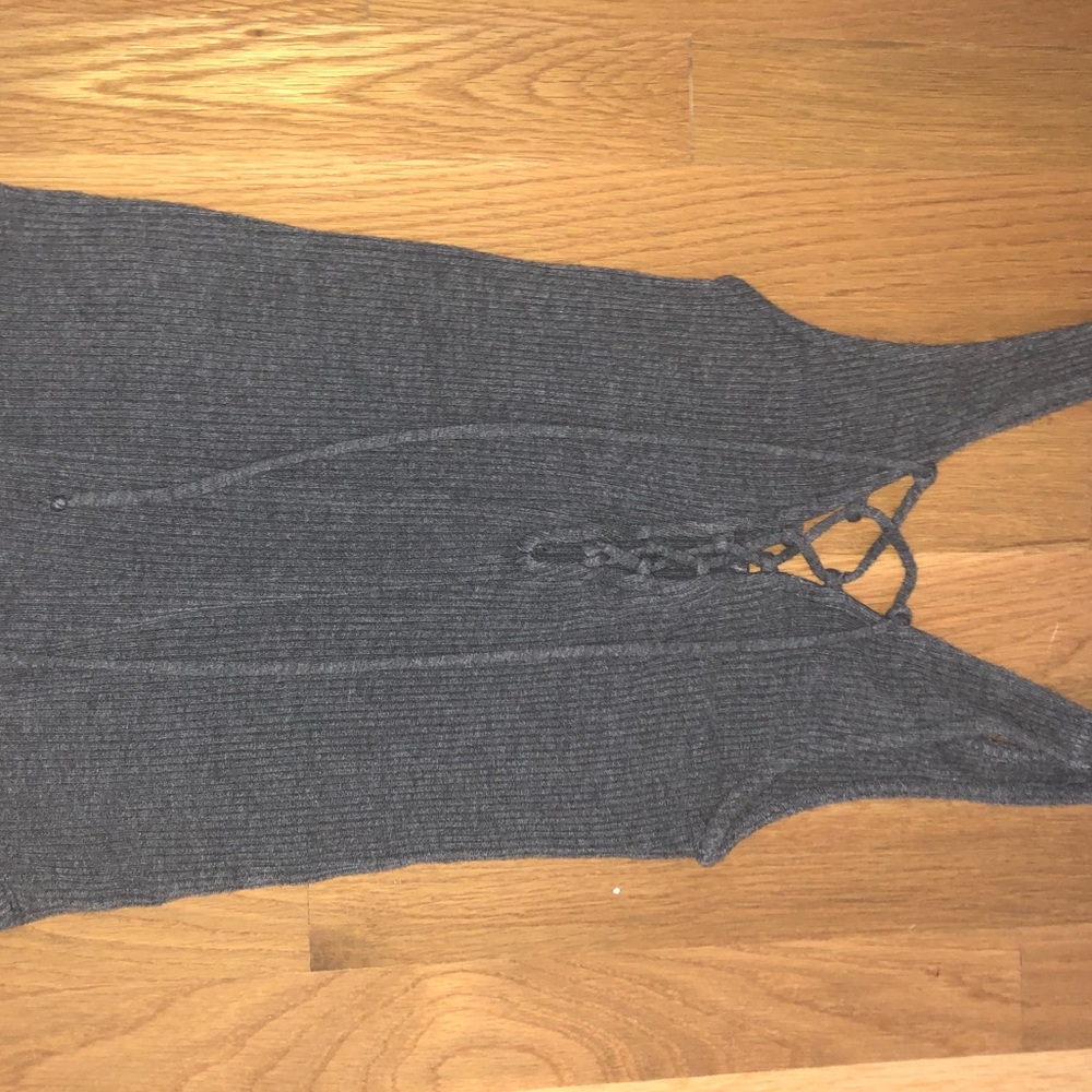 Grey Ribbed Tank- Criss Cross V-Neck